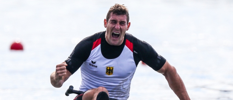 Sebastian Brendel celebrates winning the C1 1000m gold at Rio 2016