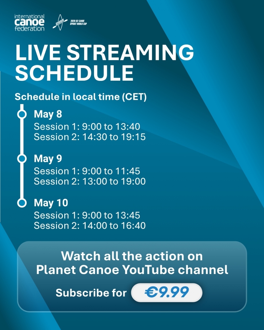 The Canoe Sprint World Cup will be live streamed on YouTube Live streaming schedule Szeged 2026
