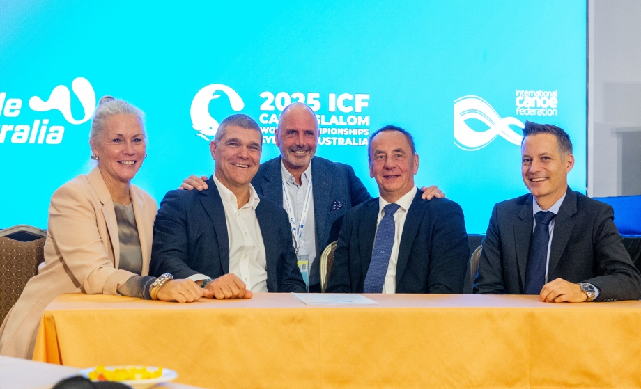 Richard Fox, centre, at the Signing Ceremony for Penrith 2025 Richard Fox Penrith Canoe Slalom host agreement 2025